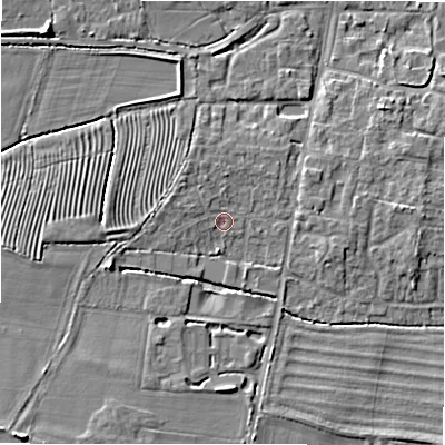 Shaded relief map of the ground around GL560EF, computed from Environment Agency LiDAR. The ground here sits at about 128 m above sea level and falls 9 m across the surrounding 800 m. Surface water reaching this point runs off ground lying to the west-north-west, 1.7 m higher.