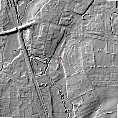 Shaded relief map of the ground around GL560JH, computed from Environment Agency LiDAR. The ground here sits at about 126 m above sea level and falls 9 m across the surrounding 800 m. Surface water reaching this point runs off ground lying to the north-east, 1.8 m higher.