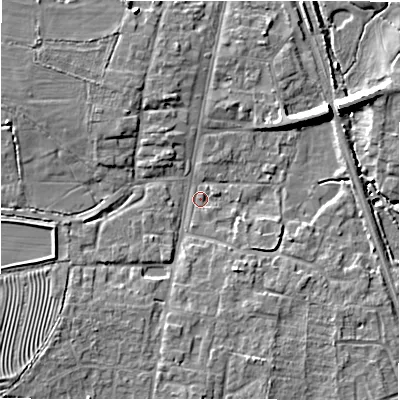 Shaded relief map of the ground around GL560LH, computed from Environment Agency LiDAR. The ground here sits at about 126 m above sea level and falls 9 m across the surrounding 800 m. Surface water reaching this point runs off ground lying to the east-north-east, 1.7 m higher.