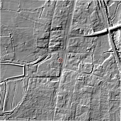 Shaded relief map of the ground around GL560LL, computed from Environment Agency LiDAR. The ground here sits at about 127 m above sea level and falls 9 m across the surrounding 800 m. Surface water reaching this point runs off ground lying to the south-west, 4.0 m higher.