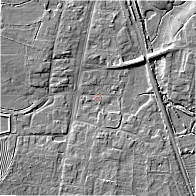 Shaded relief map of the ground around GL560LQ, computed from Environment Agency LiDAR. The ground here sits at about 126 m above sea level and falls 9 m across the surrounding 800 m. Surface water reaching this point runs off ground lying to the west-north-west, 4.5 m higher.