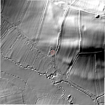 Shaded relief map of the ground around GL560RR, computed from Environment Agency LiDAR. The ground here sits at about 144 m above sea level and falls 47 m across the surrounding 800 m. Surface water reaching this point runs off ground lying to the east-north-east, 38.5 m higher.