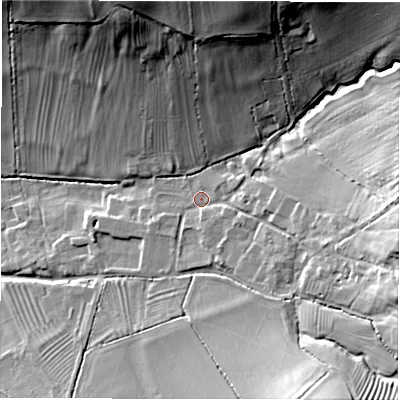 Shaded relief map of the ground around GL560RZ, computed from Environment Agency LiDAR. The ground here sits at about 149 m above sea level and falls 29 m across the surrounding 800 m. Surface water reaching this point runs off ground lying to the east, 13.4 m higher.