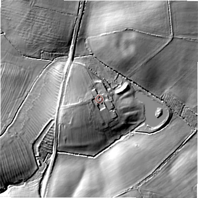 Shaded relief map of the ground around GL560XU, computed from Environment Agency LiDAR. The ground here sits at about 136 m above sea level and falls 19 m across the surrounding 800 m. Surface water reaching this point runs off ground lying to the west-south-west, 2.9 m higher.