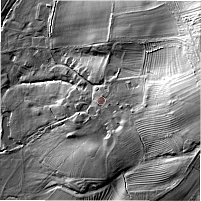 Shaded relief map of the ground around GL560YN, computed from Environment Agency LiDAR. The ground here sits at about 136 m above sea level and falls 54 m across the surrounding 800 m. Surface water reaching this point runs off ground lying to the east, 34.7 m higher.