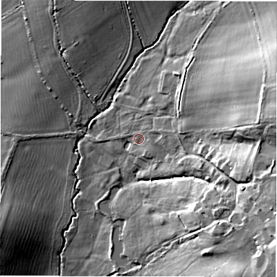 Shaded relief map of the ground around GL560YR, computed from Environment Agency LiDAR. The ground here sits at about 121 m above sea level and falls 27 m across the surrounding 800 m. Surface water reaching this point runs off ground lying to the east-north-east, 19.9 m higher.