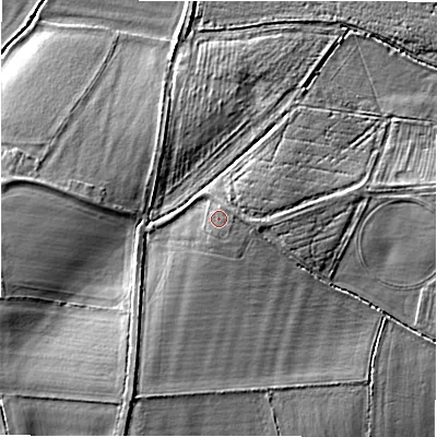 Shaded relief map of the ground around GL569AA, computed from Environment Agency LiDAR. The ground here sits at about 130 m above sea level and falls 11 m across the surrounding 800 m. Surface water reaching this point runs off ground lying to the south-south-west, 0.7 m higher.