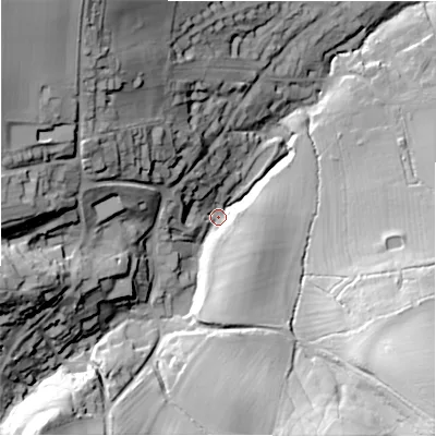 Shaded relief map of the ground around GL569BP, computed from Environment Agency LiDAR. The ground here sits at about 130 m above sea level and falls 67 m across the surrounding 800 m. Surface water reaching this point runs off ground lying to the north-west, 54.5 m higher.