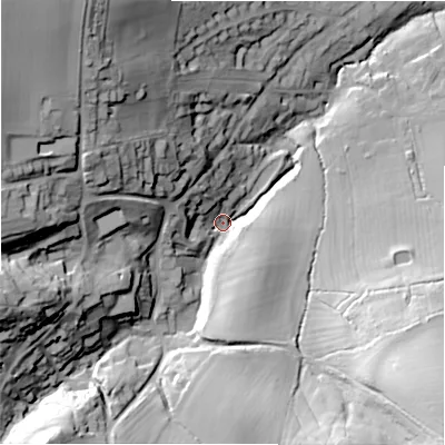 Shaded relief map of the ground around GL569BS, computed from Environment Agency LiDAR. The ground here sits at about 129 m above sea level and falls 67 m across the surrounding 800 m. Surface water reaching this point runs off ground lying to the north-west, 54.9 m higher.