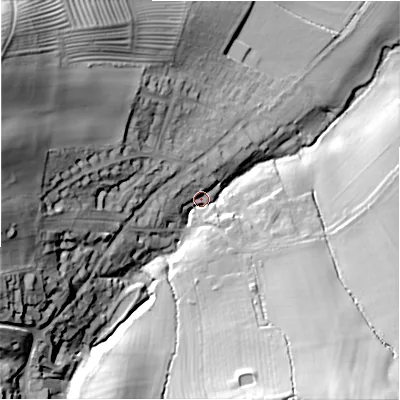 Shaded relief map of the ground around GL569DB, computed from Environment Agency LiDAR. The ground here sits at about 122 m above sea level and falls 56 m across the surrounding 800 m. Surface water reaching this point runs off ground lying to the west-north-west, 47.6 m higher.