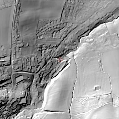 Shaded relief map of the ground around GL569DU, computed from Environment Agency LiDAR. The ground here sits at about 127 m above sea level and falls 67 m across the surrounding 800 m. Surface water reaching this point runs off ground lying to the west, 43.2 m higher.