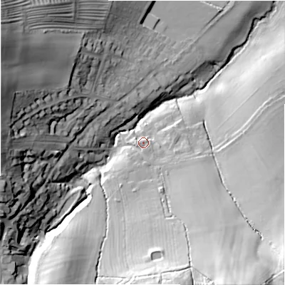 Shaded relief map of the ground around GL569DY, computed from Environment Agency LiDAR. The ground here sits at about 125 m above sea level and falls 49 m across the surrounding 800 m. Surface water reaching this point runs off ground lying to the south, 21.4 m higher.