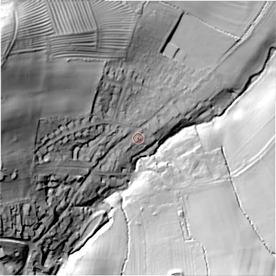 Shaded relief map of the ground around GL569DZ, computed from Environment Agency LiDAR. The ground here sits at about 127 m above sea level and falls 59 m across the surrounding 800 m. Surface water reaching this point runs off ground lying to the west, 41.9 m higher.