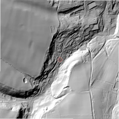 Shaded relief map of the ground around GL569HA, computed from Environment Agency LiDAR. The ground here sits at about 146 m above sea level and falls 74 m across the surrounding 800 m. Surface water reaching this point runs off ground lying to the west-north-west, 55.4 m higher.