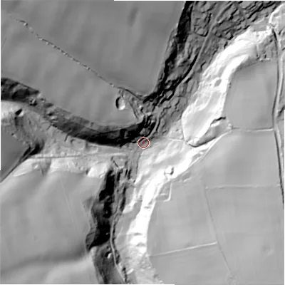 Shaded relief map of the ground around GL569HJ, computed from Environment Agency LiDAR. The ground here sits at about 150 m above sea level and falls 74 m across the surrounding 800 m. Surface water reaching this point runs off ground lying to the south-west, 58.9 m higher.