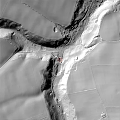 Shaded relief map of the ground around GL569HN, computed from Environment Agency LiDAR. The ground here sits at about 150 m above sea level and falls 78 m across the surrounding 800 m. Surface water reaching this point runs off ground lying to the south-west, 66.3 m higher.