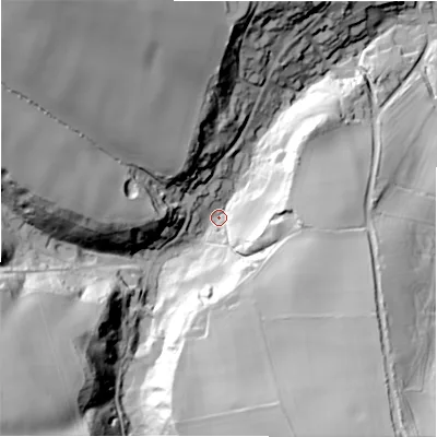 Shaded relief map of the ground around GL569HR, computed from Environment Agency LiDAR. The ground here sits at about 146 m above sea level and falls 71 m across the surrounding 800 m. Surface water reaching this point runs off ground lying to the north-west, 56.9 m higher.