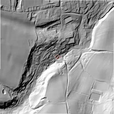 Shaded relief map of the ground around GL569HU, computed from Environment Agency LiDAR. The ground here sits at about 139 m above sea level and falls 77 m across the surrounding 800 m. Surface water reaching this point runs off ground lying to the west-north-west, 53.8 m higher.