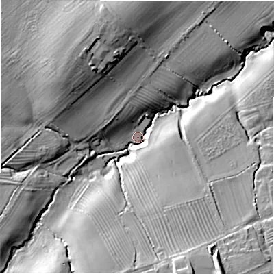 Shaded relief map of the ground around GL569JR, computed from Environment Agency LiDAR. The ground here sits at about 108 m above sea level and falls 24 m across the surrounding 800 m. Surface water reaching this point runs off ground lying to the south-south-east, 18.8 m higher.