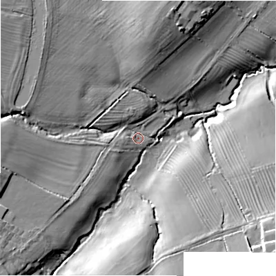 Shaded relief map of the ground around GL569JS, computed from Environment Agency LiDAR. The ground here sits at about 113 m above sea level and falls 22 m across the surrounding 800 m. Surface water reaching this point runs off ground lying to the west-south-west, 13.7 m higher.