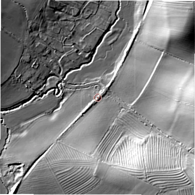 Shaded relief map of the ground around GL569NU, computed from Environment Agency LiDAR. The ground here sits at about 84 m above sea level and falls 42 m across the surrounding 800 m. Surface water reaching this point runs off ground lying to the south-east, 34.9 m higher.
