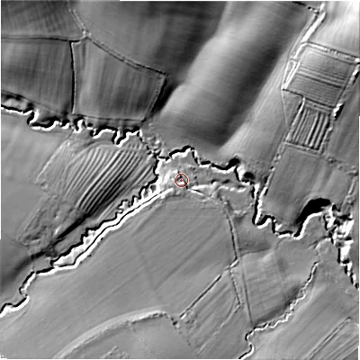 Shaded relief map of the ground around GL569QW, computed from Environment Agency LiDAR. The ground here sits at about 95 m above sea level and falls 38 m across the surrounding 800 m. Surface water reaching this point runs off ground lying to the south-west, 2.6 m higher.