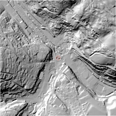Shaded relief map of the ground around GL60AB, computed from Environment Agency LiDAR. The ground here sits at about 60 m above sea level and falls 117 m across the surrounding 800 m. Surface water reaching this point runs off ground lying to the north-east, 113.3 m higher.