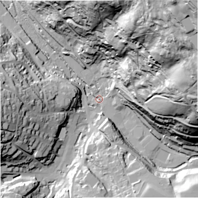 Shaded relief map of the ground around GL60AG, computed from Environment Agency LiDAR. The ground here sits at about 60 m above sea level and falls 123 m across the surrounding 800 m. Surface water reaching this point runs off ground lying to the north-east, 117.8 m higher.