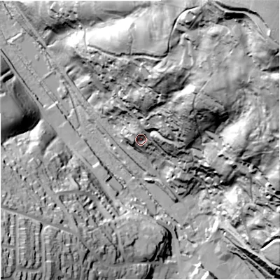 Shaded relief map of the ground around GL60AH, computed from Environment Agency LiDAR. The ground here sits at about 73 m above sea level and falls 142 m across the surrounding 800 m. Surface water reaching this point runs off ground lying to the north-east, 100.1 m higher.