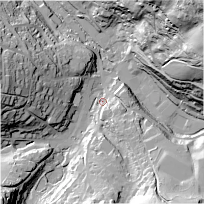 Shaded relief map of the ground around GL60BL, computed from Environment Agency LiDAR. The ground here sits at about 63 m above sea level and falls 103 m across the surrounding 800 m. Surface water reaching this point runs off ground lying to the south-south-east, 11.3 m higher.