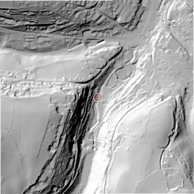 Shaded relief map of the ground around GL60JP, computed from Environment Agency LiDAR. The ground here sits at about 66 m above sea level and falls 78 m across the surrounding 800 m. Surface water reaching this point runs off ground lying to the west-south-west, 73.2 m higher.