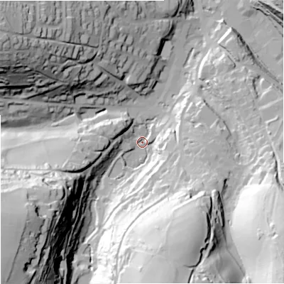 Shaded relief map of the ground around GL60JQ, computed from Environment Agency LiDAR. The ground here sits at about 63 m above sea level and falls 72 m across the surrounding 800 m. Surface water reaching this point runs off ground lying to the south-west, 67.9 m higher.