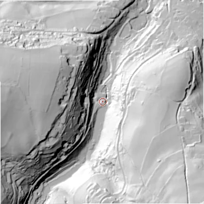 Shaded relief map of the ground around GL60LA, computed from Environment Agency LiDAR. The ground here sits at about 73 m above sea level and falls 104 m across the surrounding 800 m. Surface water reaching this point runs off ground lying to the south-east, 94.7 m higher.
