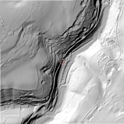 Shaded relief map of the ground around GL60PL, computed from Environment Agency LiDAR. The ground here sits at about 84 m above sea level and falls 102 m across the surrounding 800 m. Surface water reaching this point runs off ground lying to the west, 53.2 m higher.