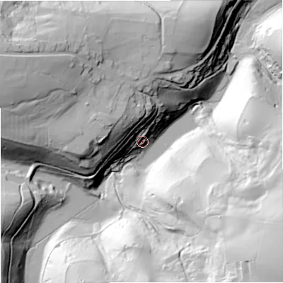 Shaded relief map of the ground around GL60QB, computed from Environment Agency LiDAR. The ground here sits at about 99 m above sea level and falls 96 m across the surrounding 800 m. Surface water reaching this point runs off ground lying to the north-west, 42.9 m higher.