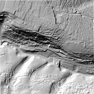 Shaded relief map of the ground around GL60RF, computed from Environment Agency LiDAR. The ground here sits at about 95 m above sea level and falls 96 m across the surrounding 800 m. Surface water reaching this point runs off ground lying to the north-north-east, 44.3 m higher.