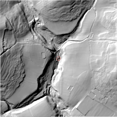 Shaded relief map of the ground around GL66NF, computed from Environment Agency LiDAR. The ground here sits at about 87 m above sea level and falls 64 m across the surrounding 800 m. Surface water reaching this point runs off ground lying to the west-north-west, 55.3 m higher.