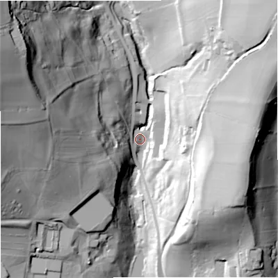Shaded relief map of the ground around GL66NU, computed from Environment Agency LiDAR. The ground here sits at about 47 m above sea level and falls 66 m across the surrounding 800 m. Surface water reaching this point runs off ground lying to the north-west, 65.0 m higher.