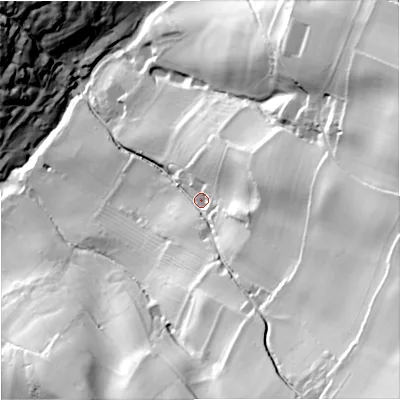 Shaded relief map of the ground around GL66SE, computed from Environment Agency LiDAR. The ground here sits at about 110 m above sea level and falls 86 m across the surrounding 800 m. Surface water reaching this point runs off ground lying to the south-east, 61.5 m higher.
