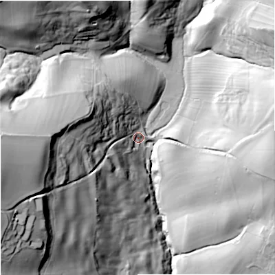 Shaded relief map of the ground around GL66UD, computed from Environment Agency LiDAR. The ground here sits at about 113 m above sea level and falls 74 m across the surrounding 800 m. Surface water reaching this point runs off ground lying to the west-south-west, 63.5 m higher.