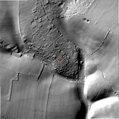 Shaded relief map of the ground around GL67EP, computed from Environment Agency LiDAR. The ground here sits at about 237 m above sea level and falls 46 m across the surrounding 800 m. Surface water reaching this point runs off ground lying to the north-west, 9.2 m higher.