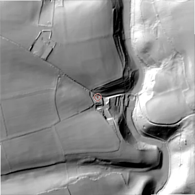 Shaded relief map of the ground around GL67HJ, computed from Environment Agency LiDAR. The ground here sits at about 210 m above sea level and falls 70 m across the surrounding 800 m. Surface water reaching this point runs off ground lying to the west, 46.5 m higher.