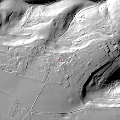 Shaded relief map of the ground around GL67JA, computed from Environment Agency LiDAR. The ground here sits at about 237 m above sea level and falls 87 m across the surrounding 800 m. Surface water reaching this point runs off ground lying to the south-south-west, 9.7 m higher.