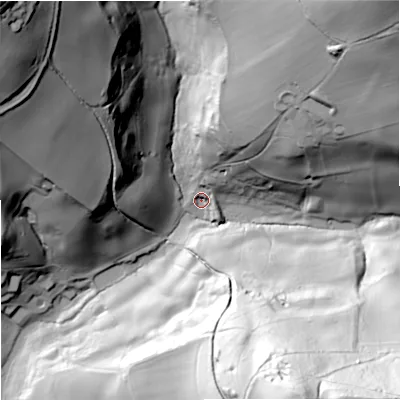 Shaded relief map of the ground around GL67QE, computed from Environment Agency LiDAR. The ground here sits at about 98 m above sea level and falls 121 m across the surrounding 800 m. Surface water reaching this point runs off ground lying to the north-north-east, 11.3 m higher.