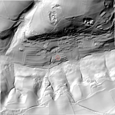 Shaded relief map of the ground around GL67RQ, computed from Environment Agency LiDAR. The ground here sits at about 133 m above sea level and falls 102 m across the surrounding 800 m. Surface water reaching this point runs off ground lying to the north, 81.1 m higher.