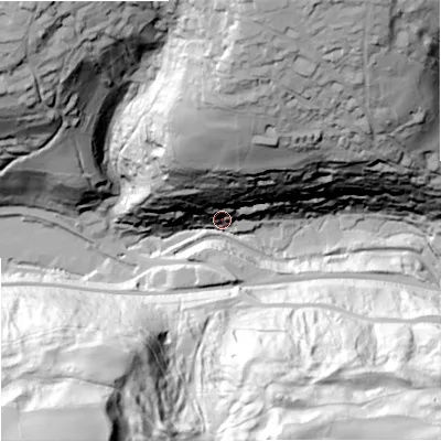 Shaded relief map of the ground around GL68DH, computed from Environment Agency LiDAR. The ground here sits at about 81 m above sea level and falls 103 m across the surrounding 800 m. Surface water reaching this point runs off ground lying to the north-north-east, 95.8 m higher.