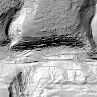 Shaded relief map of the ground around GL68DJ, computed from Environment Agency LiDAR. The ground here sits at about 76 m above sea level and falls 107 m across the surrounding 800 m. Surface water reaching this point runs off ground lying to the north, 95.5 m higher.