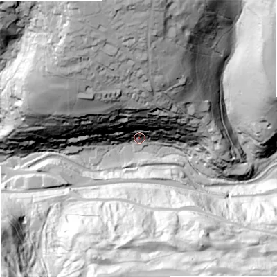 Shaded relief map of the ground around GL68DN, computed from Environment Agency LiDAR. The ground here sits at about 79 m above sea level and falls 100 m across the surrounding 800 m. Surface water reaching this point runs off ground lying to the north, 96.7 m higher.