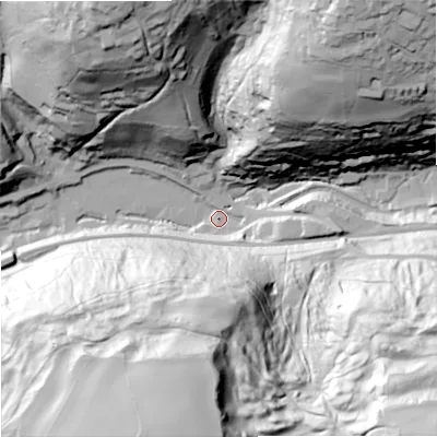 Shaded relief map of the ground around GL68DT, computed from Environment Agency LiDAR. The ground here sits at about 74 m above sea level and falls 114 m across the surrounding 800 m. Surface water reaching this point runs off ground lying to the south-east, 111.2 m higher.