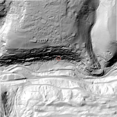 Shaded relief map of the ground around GL68DW, computed from Environment Agency LiDAR. The ground here sits at about 81 m above sea level and falls 99 m across the surrounding 800 m. Surface water reaching this point runs off ground lying to the north-north-west, 96.9 m higher.